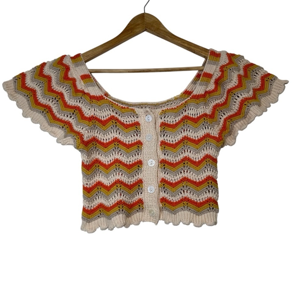 LOVE COLETTE  Pastel Knit Button-Down  Crochet Crop Top